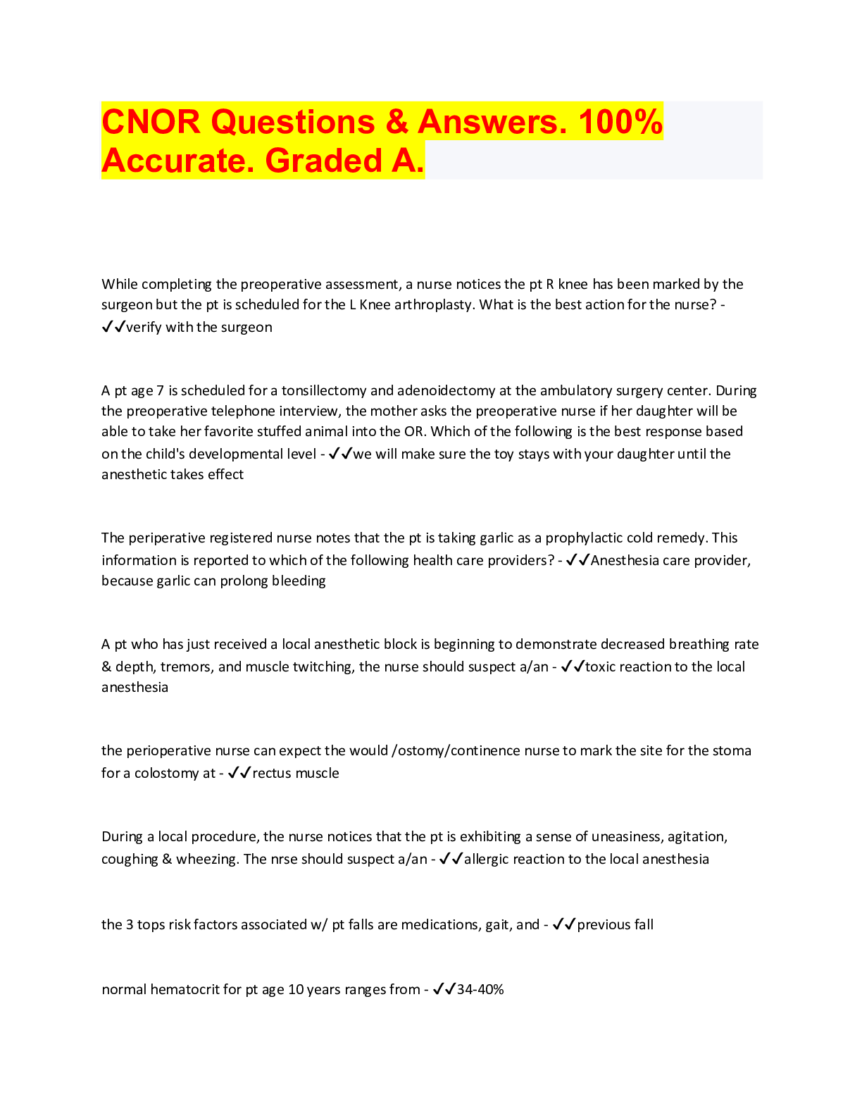 Preview image for CNOR Questions & Answers. 100%  Accurate. Graded A.